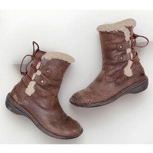UGG Akadia Leather Shearling Lined Boots Brown Mid Calf Toggle Lace Women’s 6